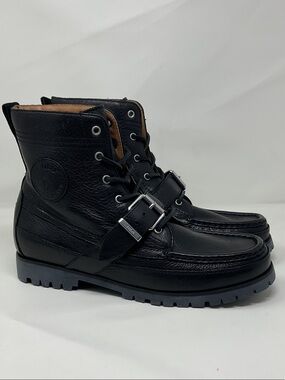 Polo Ralph Lauren Men's Black Leather Lace-Up Buckle Boots